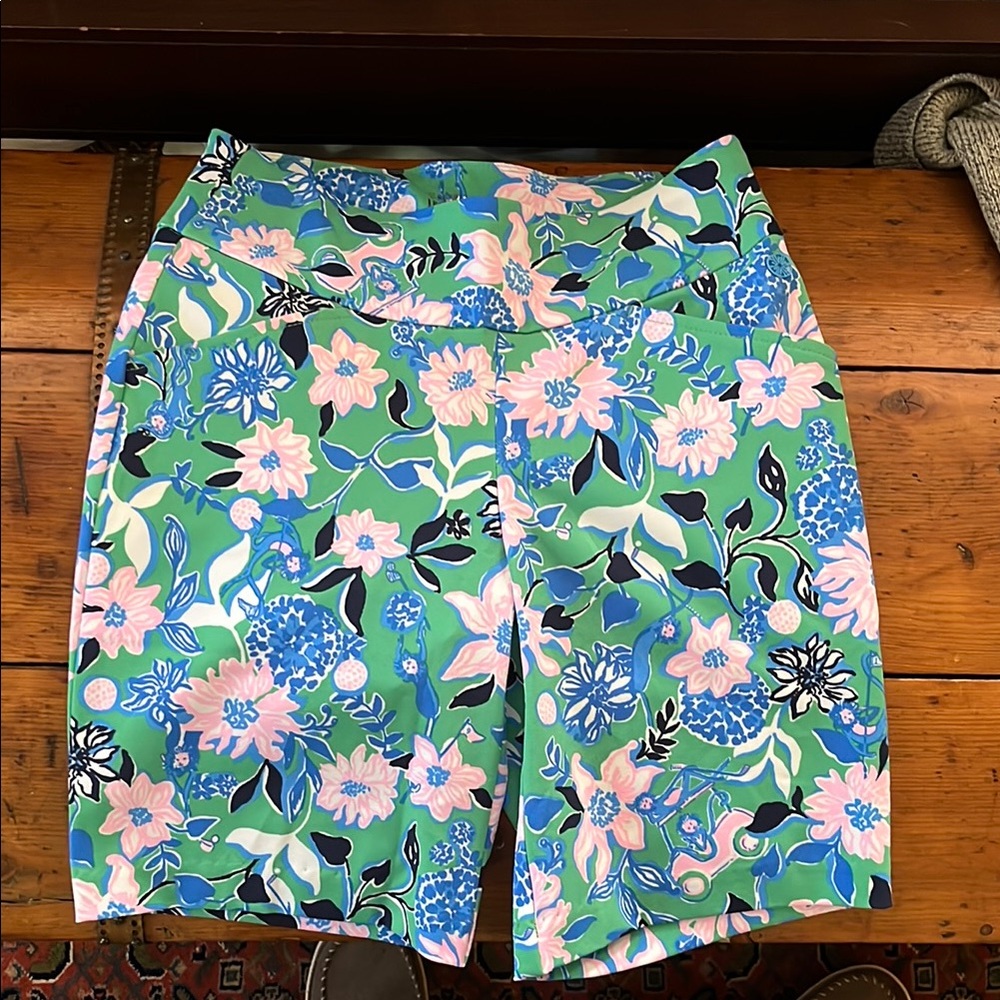 Lilly Pulitzer Green and Blue Bermuda Shorts Vibrant Tropical Print